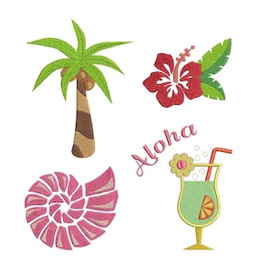 May include: Embroidered design featuring a palm tree, a hibiscus flower, a seashell, a cocktail glass with a straw and a flower, and the word "Aloha".