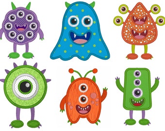May include: Six colorful cartoon monsters with different features, including multiple eyes, teeth, and horns. The monsters are in various poses, including standing, sitting, and flying.