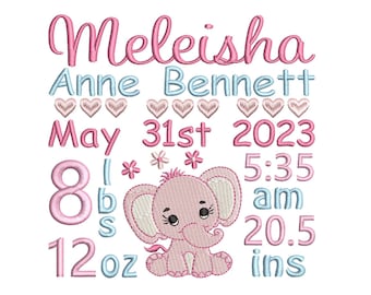 Baby Birth Announcement Embroidery Design, Customised, Baby Girl, Birth Stats, Elephant, Hearts, Machine Embroidery, 3 Sizes, AM/PM, S609-29