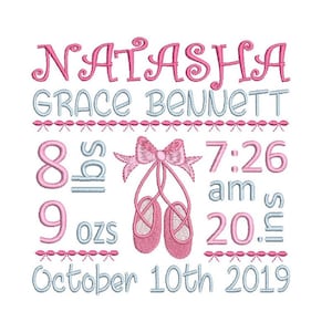 Baby Birth Announcement Embroidery Design, Customised, Ballet Shoes, Personalised, Baby Birth Stats, Machine Embroidery, 3 Sizes, S609-41