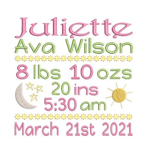 Baby Birth Template Embroidery Design, Baby Birth Stats, Sun, Moon, Stars, Machine Embroidery, AM/PM, 3 Sizes, Instant Download, ST609-66