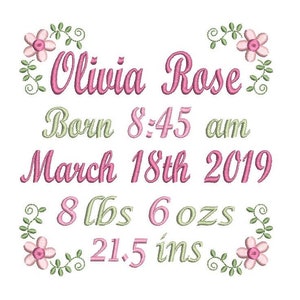 Birth Announcement Template Embroidery Design, Baby Birth Stats, Floral, Machine Embroidery, AM/PM, 3 Sizes, Instant Download, ST609-26