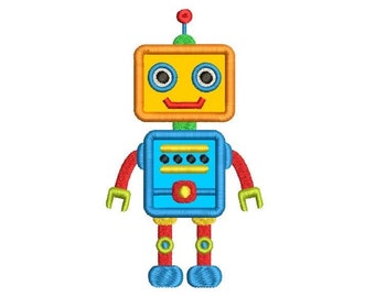 Könnte beinhalten: Ein Cartoon-Roboter mit einem gelben Kopf, einem blauen Körper und roten Armen und Beinen. Der Roboter hat ein lächelndes Gesicht mit zwei schwarzen Augen und einem roten Mund.