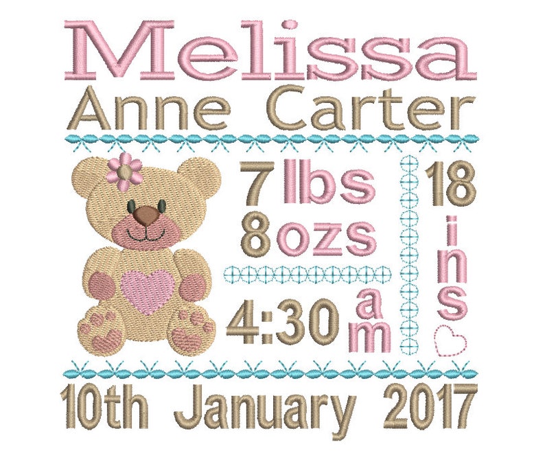 Birth Announcement Template Embroidery Subway Art Baby Girl Etsy