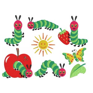 Caterpillar Embroidery Designs, Fill Stitch, Cute Caterpillars, Strawberry, Apple, Butterfly, Set of 8, 5 sizes, Instant Download, S615
