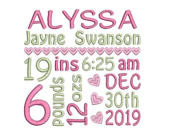 Birth Announcement Embroidery Design, Birth Template, Baby Birth Stats, Machine Embroidery, AM/PM, 3 Sizes, Instant Download, ST609-45