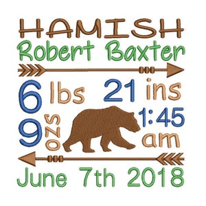 Birth Announcement Embroidery Design, Birth Template, Baby Birth Stats Template, Grizzly Bear, AM/PM, 3 Sizes, Instant Download, ST609-8