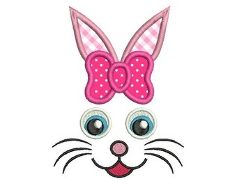 Easter Bunny Face Embroidery Applique Design, Cute Easter Bunny Face, Easter T-Shirt Design, Easter Applique, 3 Sizes, Girly Bunny, SA550-19