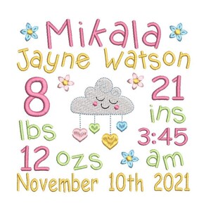 May include: A pink and yellow embroidered design with the name Mikala Jayne Watson, a cloud with a smiling face, and the text 8 lbs 12 ozs, 21 ins, 3:45 am, November 10th 2021.