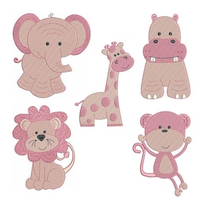 Jungle Animal Machine Embroidery Designs, Fill Stitch, Baby Animals, Giraffe, Elephant, Monkey, Lion, Hippo, 3 Sizes, Instant Download, JG41
