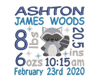 Birth Template Embroidery Design, Baby Announcement, Baby Birth Stats, Woodlands, Raccoon, AM/PM, 3 Sizes, Instant Download, ST609-47