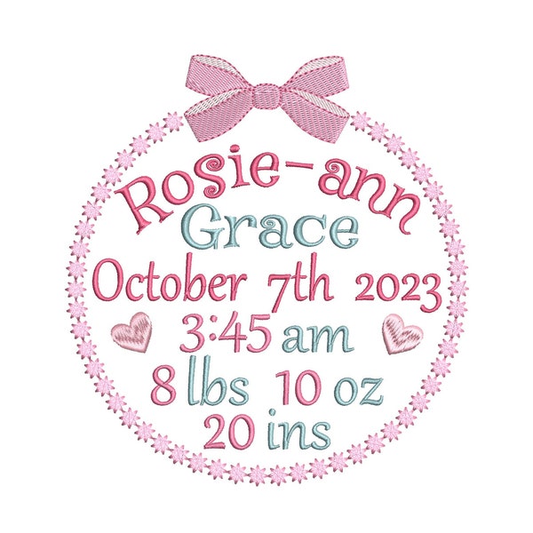 Birth Announcement Embroidery Design, Birth Template, Baby Birth Stats, Girl, Candlewick, AM/PM, 4x4, 5x7, 6x10, Instant Download, ST700-5
