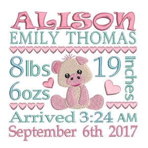 Baby Birth Announcement Embroidery Design, Baby Girl, Personalised, Subway Art, Piglet, Baby Birth Announcement Embroidery Design, S509-85