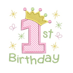 May include: Pink and white gingham number one with a gold crown and green text that reads "1st Birthday". The design is surrounded by yellow and green stars and hearts.