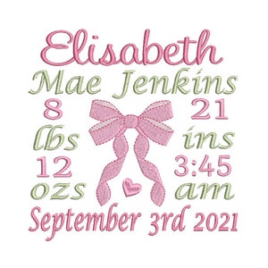 Birth Announcement Template Embroidery Design, Baby Birth Stats, Bow Design, Machine Embroidery, AM/PM, 3 Sizes, Instant Download, ST609-67