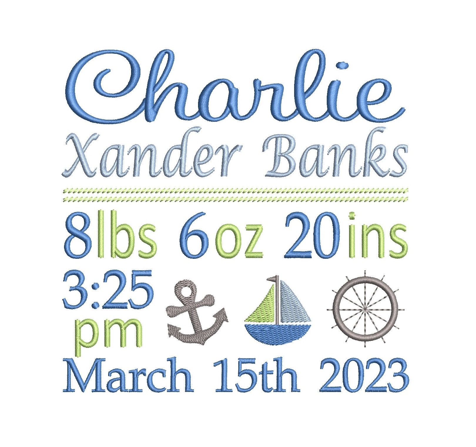 Birth Announcement Embroidery Design, Birth Template, Boy, Sailboat,  Anchor, Sailboat, AMPM, 4x4, 5x7, 6x10, Instant Download, ST609-95