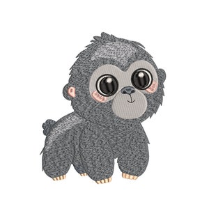 Op de afbeelding: Een schattige cartoonillustratie van een grijze gorilla met grote zwarte ogen en een roze blos op zijn wangen. De gorilla staat op alle vier poten en heeft een vriendelijke uitdrukking.
