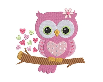 Owl Embroidery Design, Valentine's Day Owl, Hearts, Fill