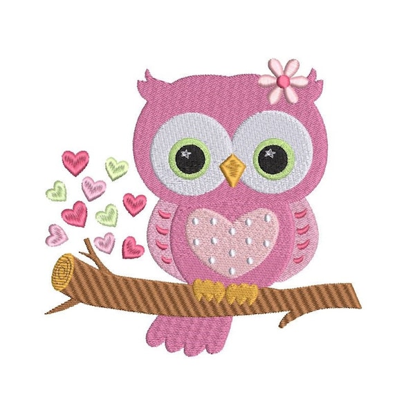 Owl Embroidery Design, Valentine’s Day Owl, Hearts, Fill Stitch Owl, Valentine Owl, Machine Embroidery, 3 Tailles, Téléchargement instantané, S548-2