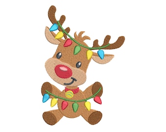 Design de bordado de Natal, rena de Natal, ponto de preenchimento, rena, rena de Natal, luzes de Natal, 2 tamanhos, download instantâneo, SA528-2