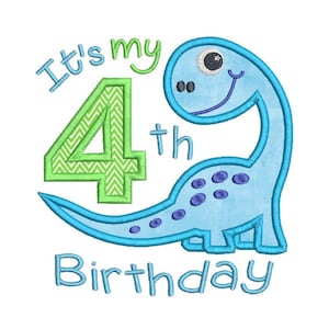May include: It's my 4th birthday, a blue dinosaur with green chevron number 4.
