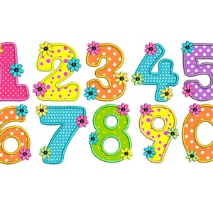 May include: A set of ten colourful felt numbers with polka dots and flower embellishments. The numbers are 1 through 10 and are perfect for a child's room or classroom.