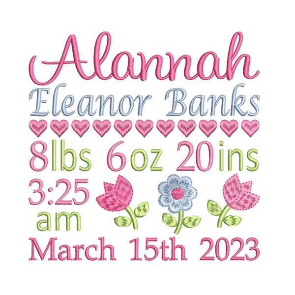 Birth Announcement Template Embroidery Design, Baby Birth Stats, Floral, Machine Embroidery, AM/PM, 3 Sizes, Instant Download, ST609-94