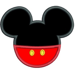 Op de afbeelding: Zwart-witte cartoon muizenkop met grote oren en een rood en geel shirt.