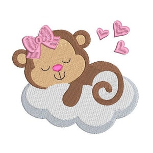 May include: A brown monkey with pink bow sleeping on a white cloud with pink hearts floating around it.