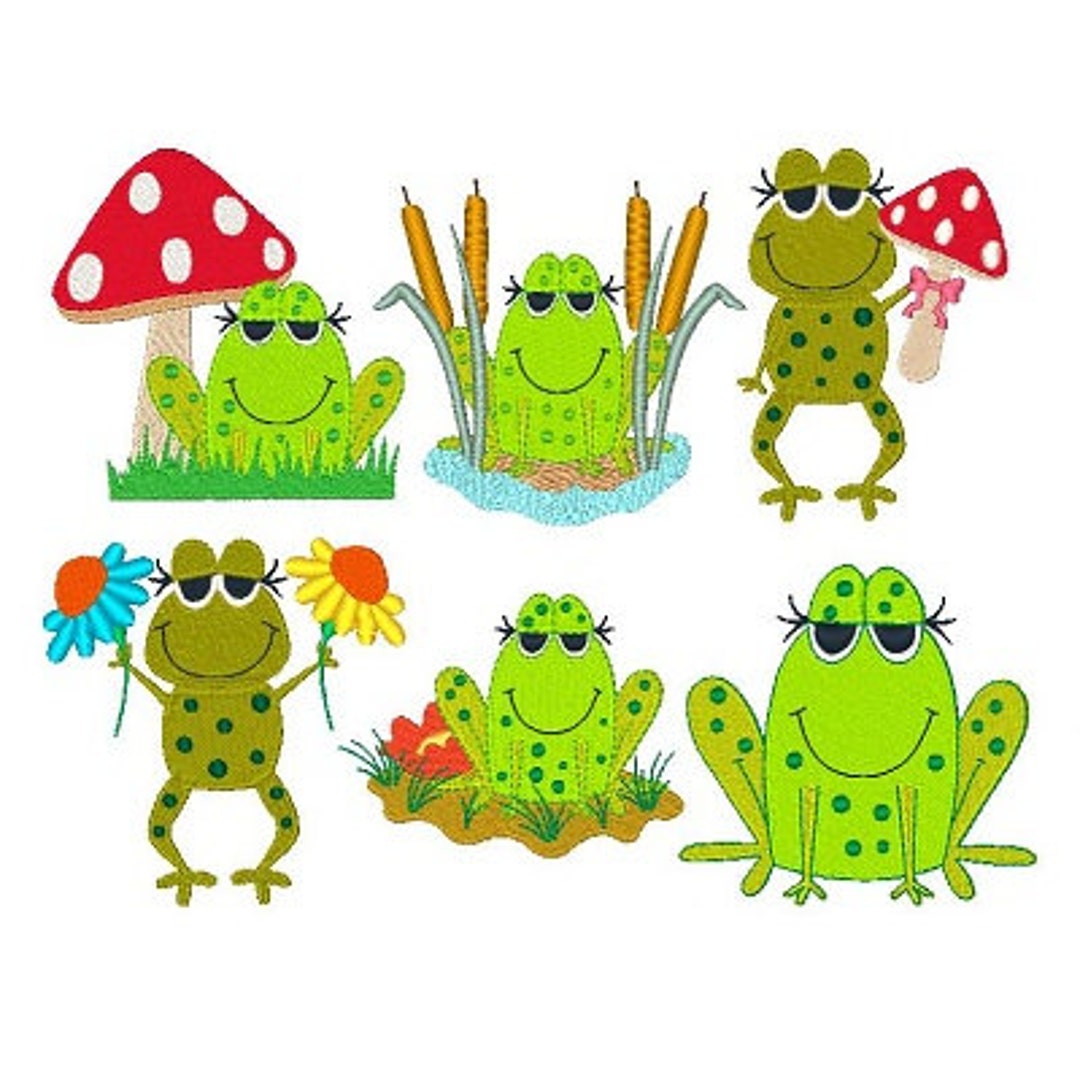 Cute Frog Machine Embroidery Designs, Set of 6 Fill Stitch Frogs, Green