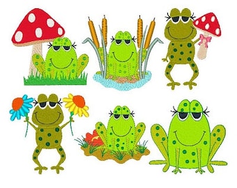 Cute Frog Machine Embroidery Designs, Set of 6 Fill Stitch Frogs, Green Frog Design, Flower, Mushroom, 4x4, Instant Download, No: JG00022
