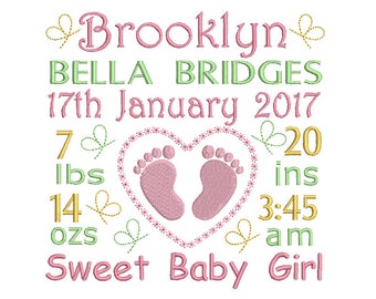 Birth Announcement Embroidery Design, Birth Template, Baby Birth Stats, Cute Baby Feet, AM/PM, 4x4, 5x7, 6x10, Instant Download, ST509-34