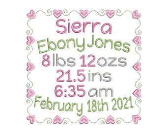 Birth Announcement Embroidery Design, Birth Template, Baby Birth Stats, Machine Embroidery, AM/PM, 3 Sizes, Instant Download, ST609-60