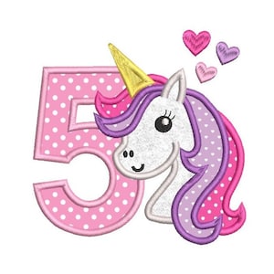 5歳の誕生日の機械刺繍アップリケデザイン、ユニコーンアップリケ、かわいいユニコーン、5歳の誕生日のユニコーン、3つのサイズ、即時ダウンロード、SA510-83