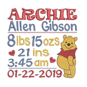 Birth Announcement Embroidery Design, Personalised, Customised, Baby Birth Stats, Pooh, Winnie, Machine Embroidery, 3 Sizes, AM/PM, S609-23