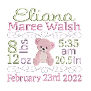 Puede incluir: Diseño bordado en rosa y verde con el nombre Eliana Maree Walsh, un osito de peluche rosa y el texto 8 lbs 12 oz, 5:35 am, 20.5 in, 23 de febrero de 2022.