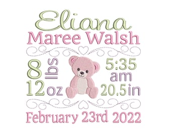 Może przedstawiać: Haftowany wzór w kolorze różowym i zielonym z imieniem Eliana Maree Walsh, różowym pluszowym misiem i tekstem 8 lbs 12 oz, 5:35 am, 20.5 in, 23 lutego 2022.