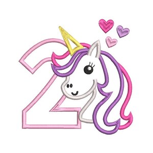 May include: A pink and purple unicorn with a yellow horn and a white face. The unicorn is in front of the number 2, which is also pink. There are three pink hearts above the unicorn.