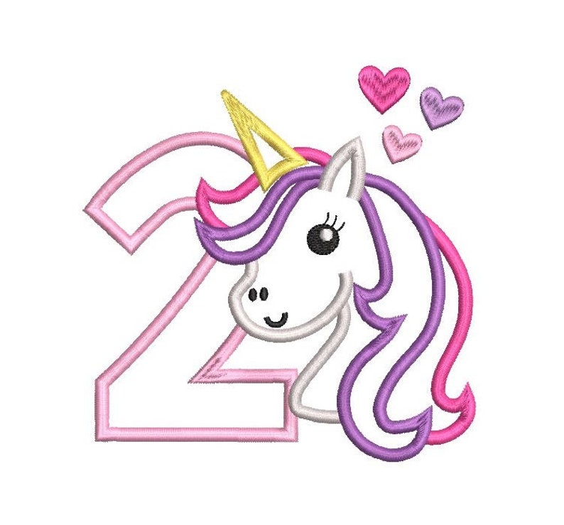 May include: A pink and purple unicorn with a yellow horn and a white face. The unicorn is in front of the number 2, which is also pink. There are three pink hearts above the unicorn.