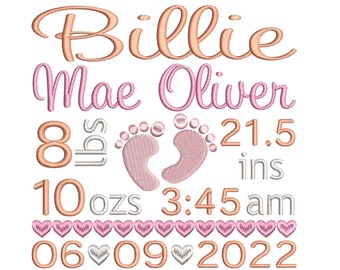 Baby Birth Template Embroidery Design, Baby Birth Stats, Baby Feet, Machine Embroidery, AM/PM, 4x4, 5x7, 6x10, Instant Download, ST609-82
