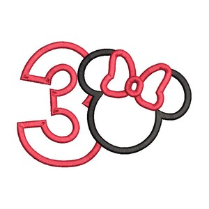 May include: Red number three with a black and white outline of a mouse head with a red bow on top.