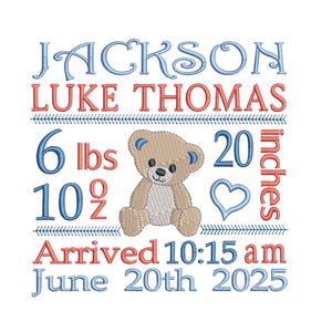 Birth Announcement Template Embroidery Design, Subway Art, Baby Boy Birth Stats Embroidery, AM/PM, 3 Sizes, Instant Download, ST509-26