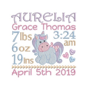 Birth Announcement Embroidery Design, Personalised, Unicorn, Customised, Baby Birth Stats, Machine Embroidery, 3 Sizes, AM/PM, S609-28