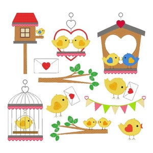 Diseños de bordado de aves de amor de San Valentín, pájaro en jaula, casa de pájaros, corazones - conjunto de 11 diseños de bordado de máquina de San Valentín No: JG00053
