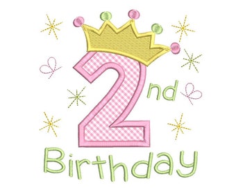 2nd Birthday Applique Embroidery Design, Princess Crown, Girl's Second Birthday, Machine Embroidery, Instant Download, SA579-9