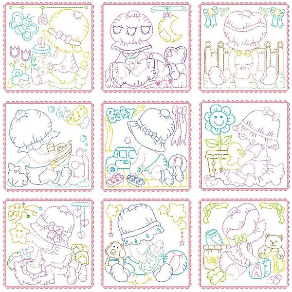 Bébé Quilt Block Machine Embroidery Designs, blocs de multi-couleur dessin au trait couette, Sunbonne Sue dessins, 5 x 7, téléchargement télécharger, pas : JG00057