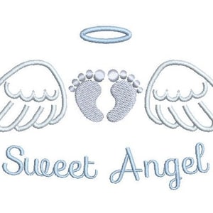 May include: A white embroidery design of a pair of baby footprints with angel wings and a halo above. The text "Sweet Angel" is below the footprints.