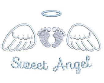 Angel Wings Machine Embroidery Design, Sweet Angel Embroidery Design, Baby Footprints, Halo Embroidery, 3 Sizes, INSTANT DOWNLOAD, S531-2b