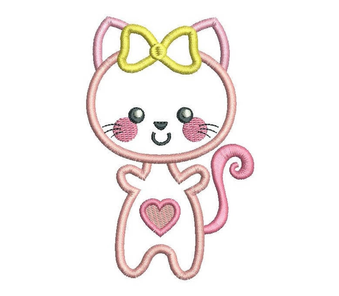 Cute Cat Applique Machine Embroidery Design, Kawaii Cat Applique, Girly ...