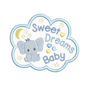 Cloud Machine Embroidery Applique Design, Sweet Dreams Baby, Moon, Stars, Elephant, Machine Embroidery, 3 Sizes, Instant Download, SA531-9